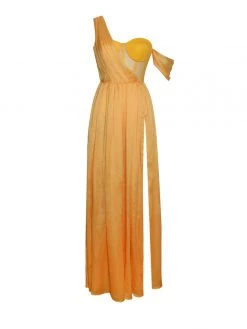 Miss Circle Back In Style Orange Silk Pleated Corset High Slit Maxi Dress