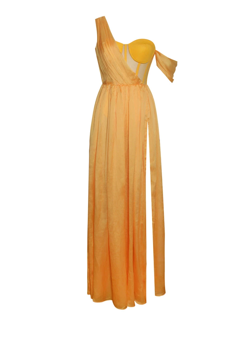Miss Circle Back In Style Orange Silk Pleated Corset High Slit Maxi Dress