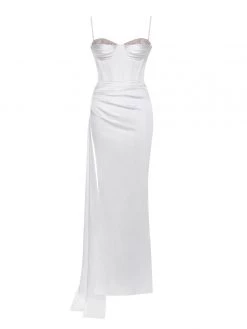 Miss Circle Corsets Vanity White Satin High Slit Draping Corset Gown With Crystals