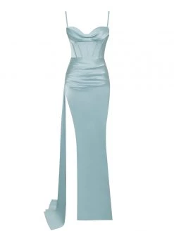 Miss Circle Elayna Pale Blue Strappy Satin Corset High Slit Gown