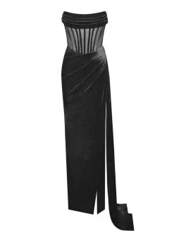 Miss Circle Priya Black Draping Corset High Slit Velvet Gown Corsets