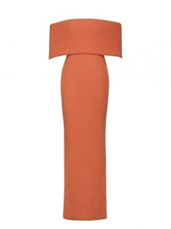 Miss Circle Yuliana Orange Off Shoulder Long Sweater Dress With Foldover Neckline Dresses