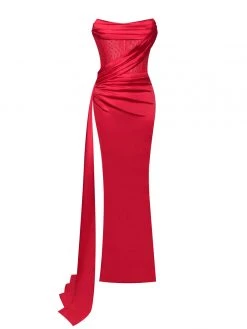 Miss Circle Holly Red Crystallized Corset High Slit Satin Gown Corsets