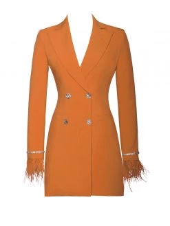 Miss Circle Dresses Quilla Orange Feather Crystal Sleeve Backless Blazer Dress