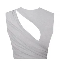 Miss Circle Teia Silver Metallic Jersey Cutout Top Tops