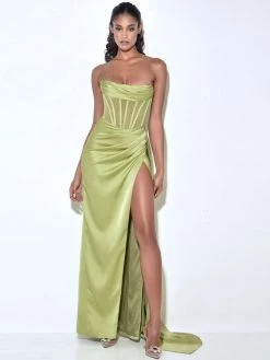 Miss Circle Corsets Prisa Lime High Slit Satin Corset Gown
