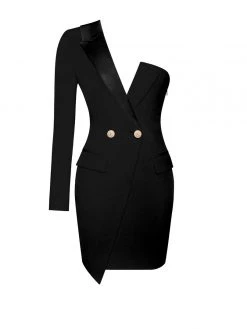 Miss Circle Keep One Up One Sleeved Black Crepe Tuxedo Blazer Dress
