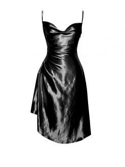 Miss Circle Montego Black Satin Side Slit Dress Sale