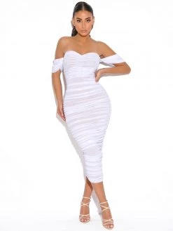 Miss Circle Quenby White Off Shoulder Mesh Maxi Dress
