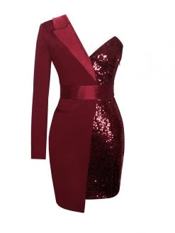 Miss Circle New In Silver Night One Sleeved Wine Sequin Crepe Tuxedo Blazer Dress
