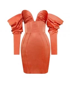 Miss Circle Zoya Orange Puff Sleeve Corset Satin Dress Corsets