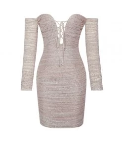 Miss Circle Blanca Beige Off Shoulder Long Sleeve Mesh Dress With Crystals