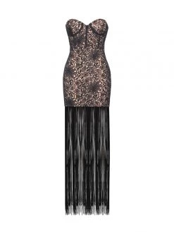 Miss Circle Become The One Black Lace Long Fringed Strapless Dress New In