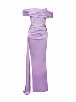 Miss Circle Norma Lilac Off Shoulder Crystallized Corset Satin Gown Corsets