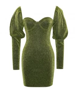 Miss Circle Verina Green Metallic Puff Shoulder Dress