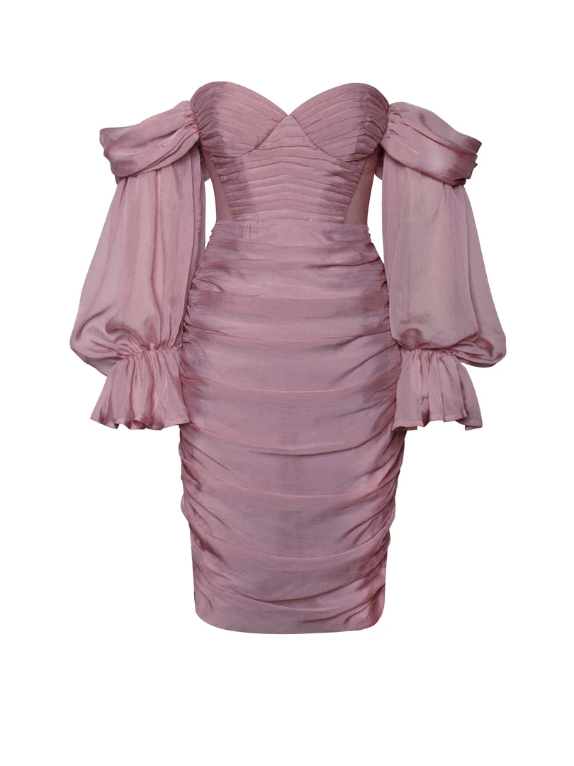 Miss Circle Sale Sirene Blush Silk Pleated Off Shoulder Balloon Sleeves Dress