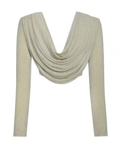 Miss Circle Xandra Pale Yellow Glitter Draping Long Sleeve Top