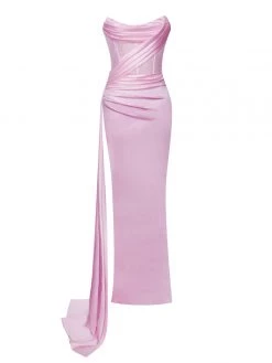 Miss Circle Corsets Holly Pink Crystallized Corset High Slit Satin Gown