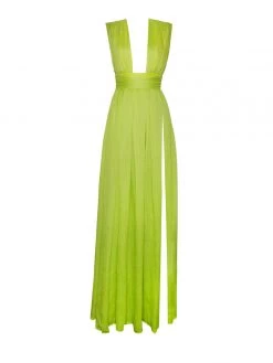 Miss Circle Valley Of Angels Lime Silk Pleated High Slit Maxi Dress