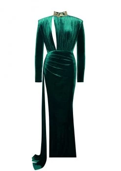 Miss Circle Zenaida Emerald Green Cutout High Slit Velvet Gown