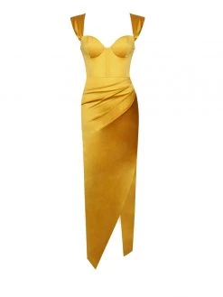 Miss Circle Zarah Yellow High Slit Corset Satin Dress