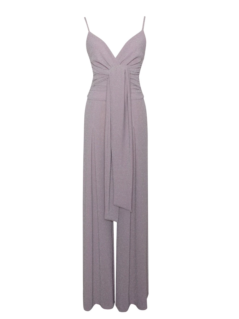 Miss Circle Quita Purple Metallic Tie Front Wide Leg Jumpsuit Dresses