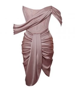 Miss Circle Corsets Darlene Latte Off Shoulder Corset Satin Dress With Crystals