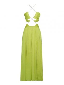 Miss Circle Dresses Quinby Lemon Silk Pleated Lace Up Maxi Dress