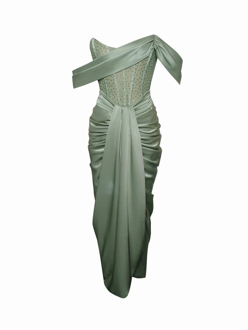 Miss Circle Stella Basil Off Shoulder Crystal Corset Satin Gown Corsets