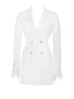 Miss Circle Quilla White Feather Crystal Sleeve Backless Blazer Dress Dresses