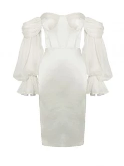 Miss Circle Dresses Lydia Pearl White Satin Off Shoulder Puff Sleeve Dress
