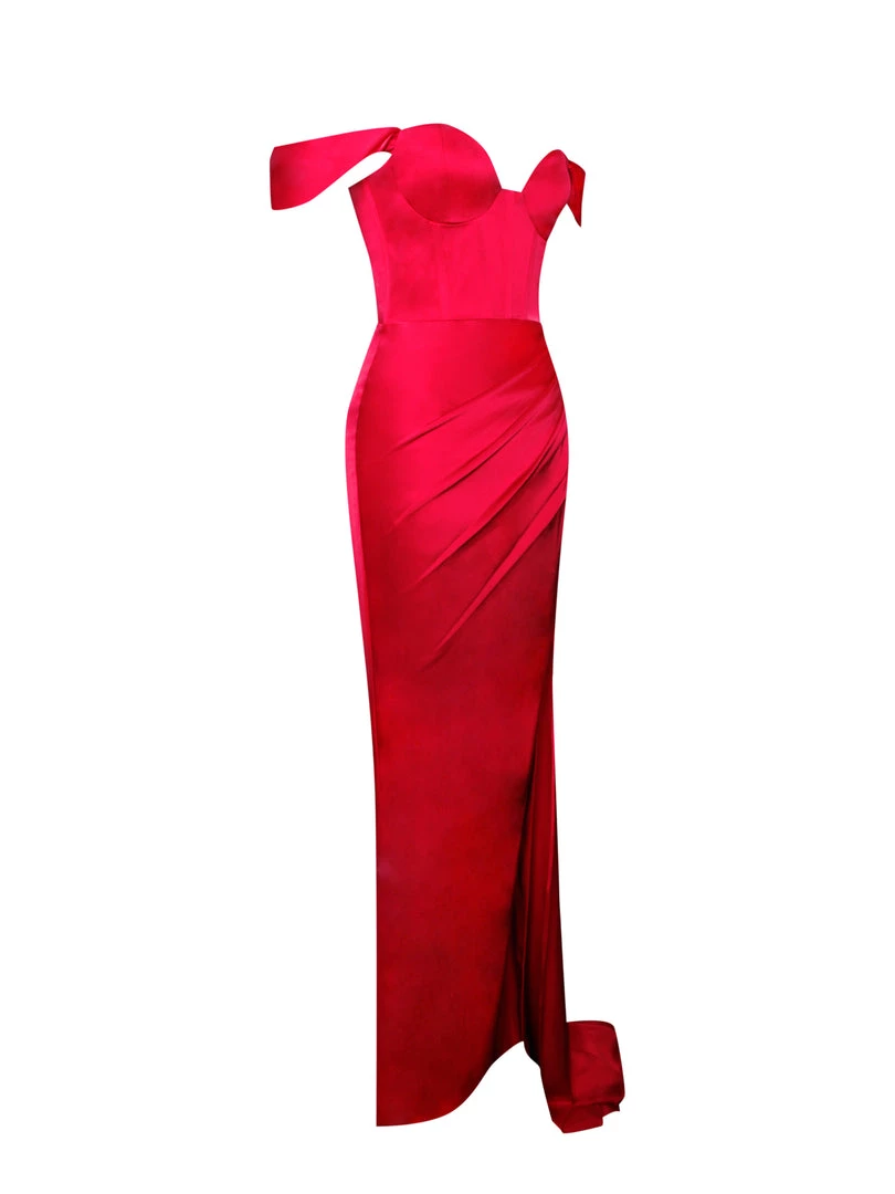 Miss Circle Zayda Red High Slit Corset Satin Gown