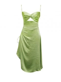 Miss Circle New In Keira Olive Twist Front Side Slit Satin Dress