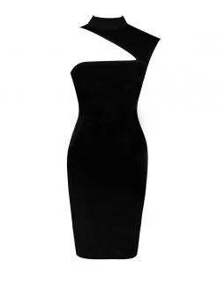 Miss Circle Dresses Jolene Black Asymmetric Neck Cutout Detail Stretch Crepe Dress