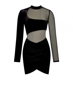 Miss Circle Dresses Azalea Black Velvet Mesh Long Sleeve Dress