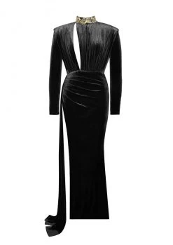 Miss Circle Zenaida Black Cutout High Slit Velvet Gown