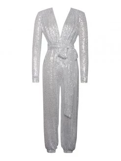 Miss Circle Tasha Silver Sequin Jumpsuit With Waist Tie