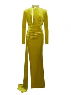 Miss Circle Zenaida Gold Cutout High Slit Velvet Gown