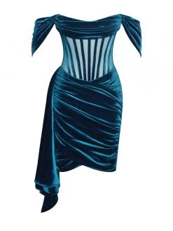 Miss Circle Corsets Irisa Teal Blue Draping Off Shoulder Corset Dress
