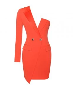 Miss Circle Keep One Up One Sleeved Orange Crepe Tuxedo Blazer Dress