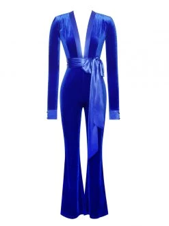 Miss Circle Glorious Royal Blue Long Sleeve Velvet Jumpsuit