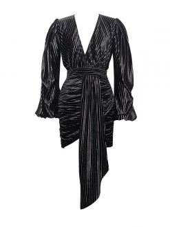 Miss Circle Sale Time To Shine Black Silver Sparkling Stripe Velvet Draped Dress