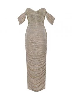 Miss Circle New In Gene Gold Ruched Off Shoulder Chiffon Dress