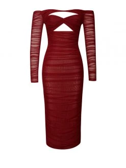Miss Circle Terra Burgundy Mesh Off Shoulder Cutout Midi Dress Dresses