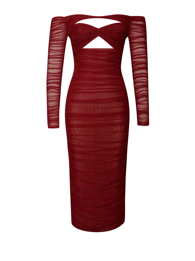 Miss Circle Terra Burgundy Mesh Off Shoulder Cutout Midi Dress Dresses