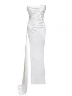 Miss Circle Holly White Crystallized Corset High Slit Satin Gown Corsets