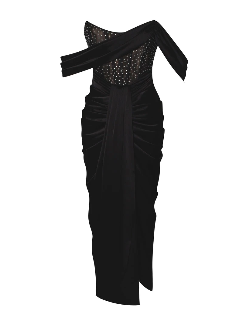 Miss Circle Stella Black Off Shoulder Crystal Corset Satin Gown