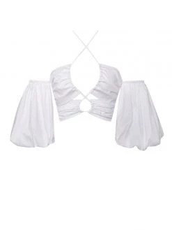 Miss Circle Romy White Lace Up Halter Neck Puff Sleeve Top New In