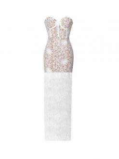 Miss Circle Become The One White Lace Long Fringed Strapless Dress Dresses