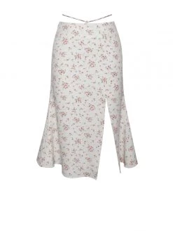 Miss Circle Mary White Floral Slit Skirt With Crystal Waist String